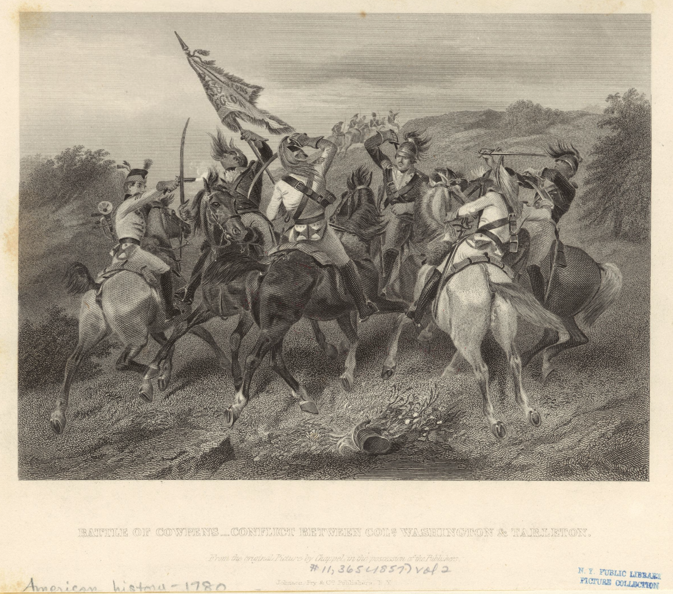The Miriam and Ira D. Wallach Division of Art, Prints and Photographs: Picture Collection, The New York Public Library. “Battle of Cowpens: Conflict between Cols. Washington & Tarleton” New York Public Library Digital Collections.
